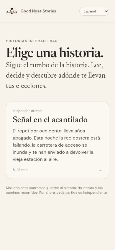 Biblioteca móvil de Good Nose Stories en español con su primera historia de suspense, Señal en el acantilado.