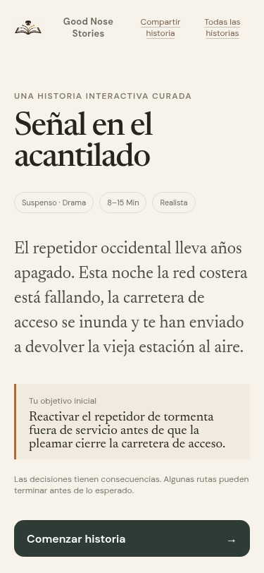 Lector móvil de Good Nose Stories con la introducción en español de Señal en el acantilado.